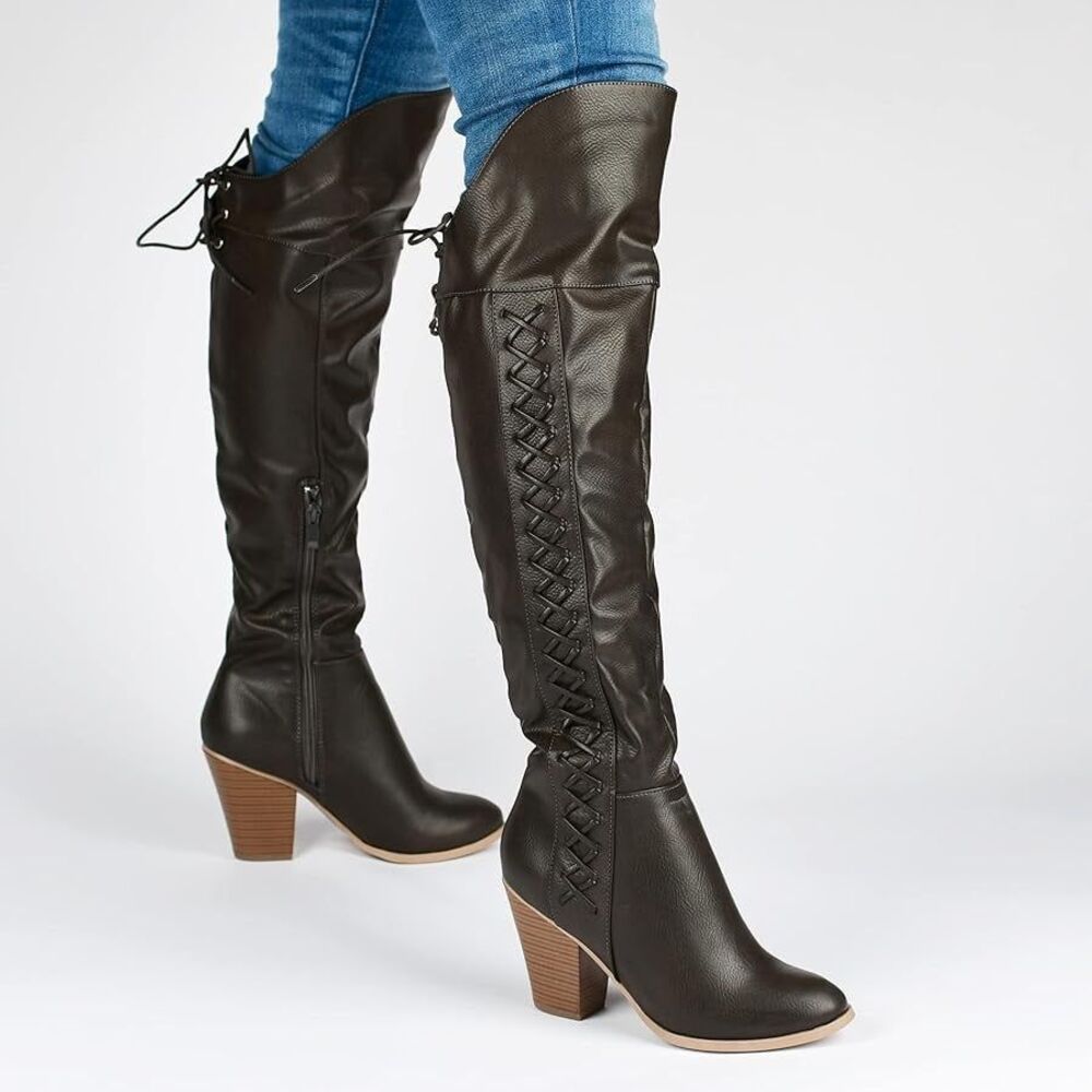 Journee Collection Women Olive Spritz Over Knee Lace Up Boots Shoe Size 6.5 New